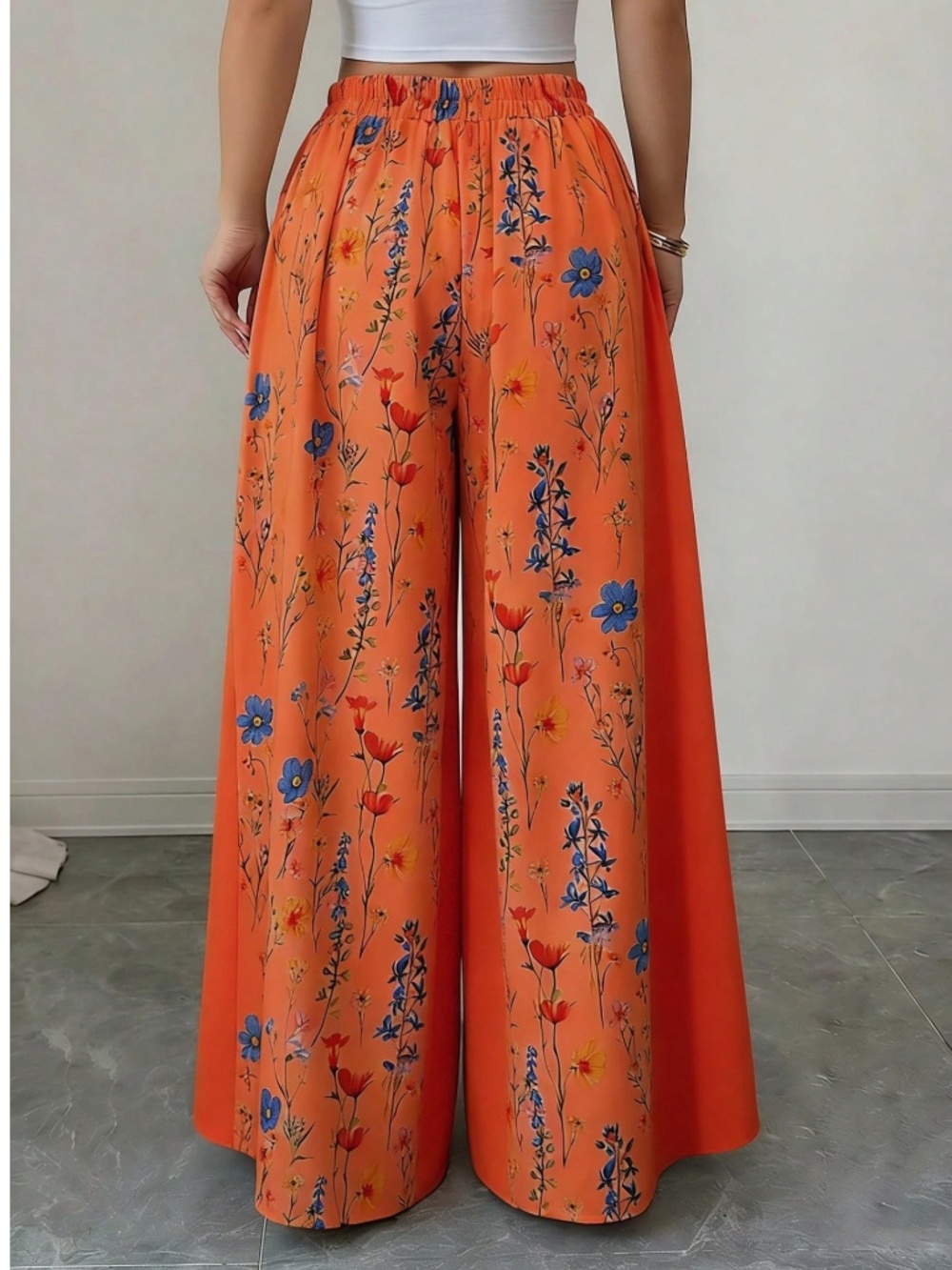 Boho Floral Print Stretchy Pants Wide Leg Flowy Pants - Picture 5 of 9